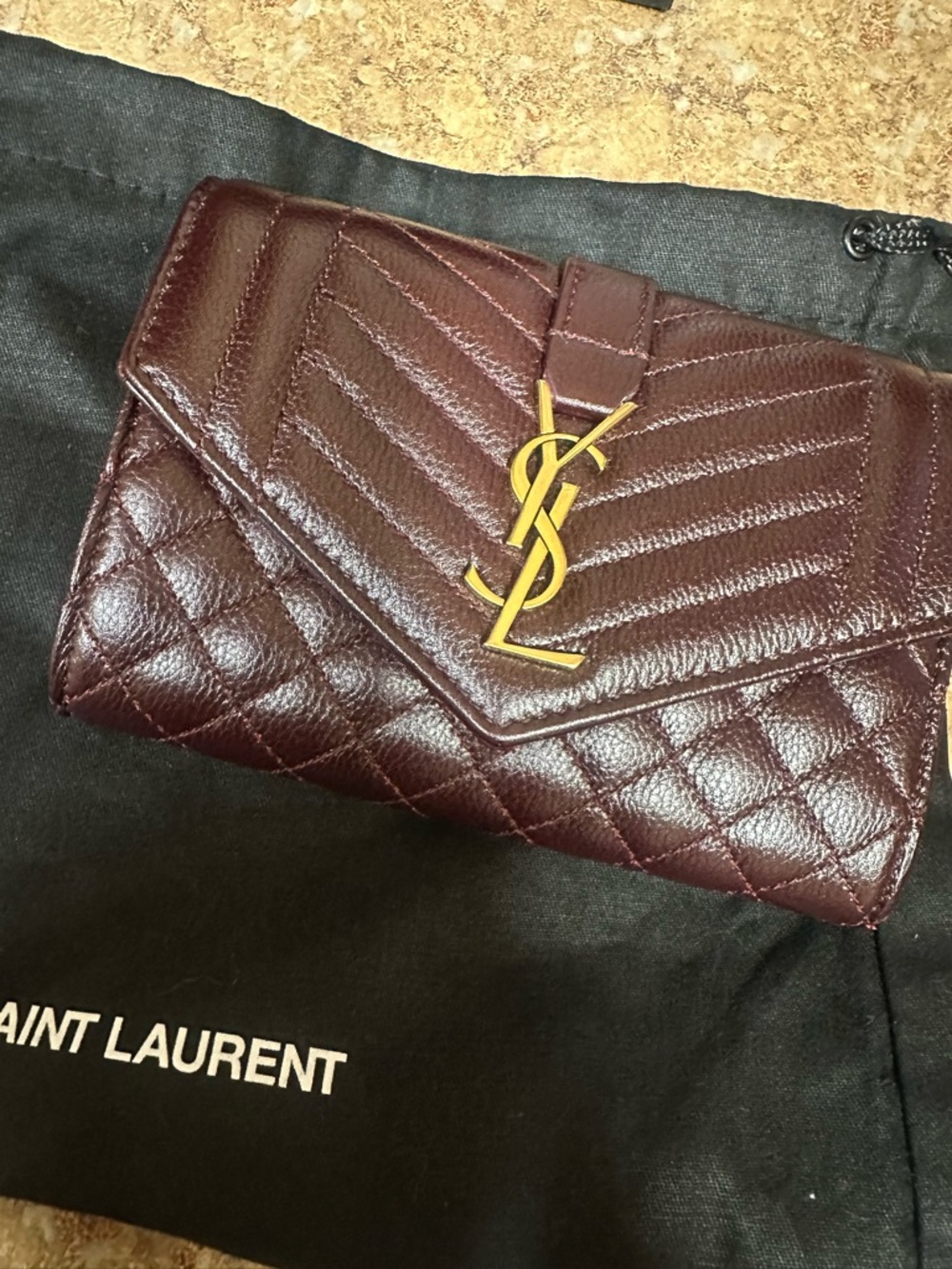 Saint Laurent Quilted Chevron & Diamond Wallet in Burgundy with Gold YSL - Picture 3 of 16